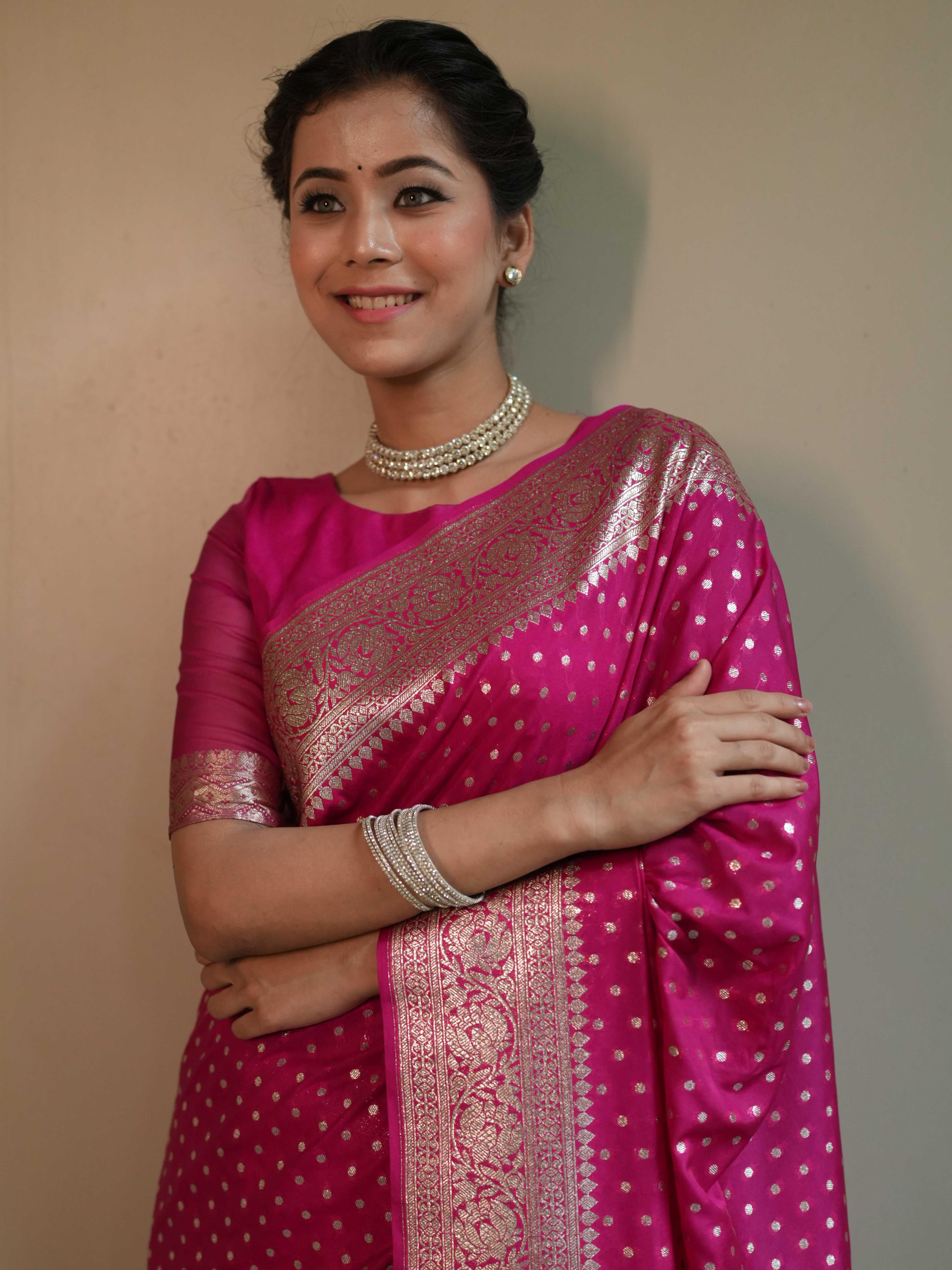 Banarasee Handwoven Faux Georgette Saree With Gold Zari Design-Pink