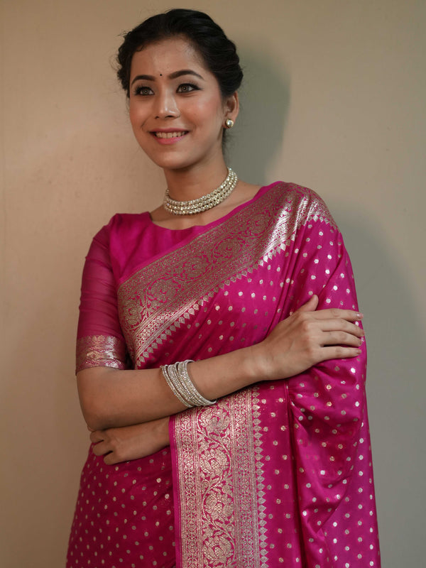 Banarasee Handwoven Faux Georgette Saree With Gold Zari Design-Pink