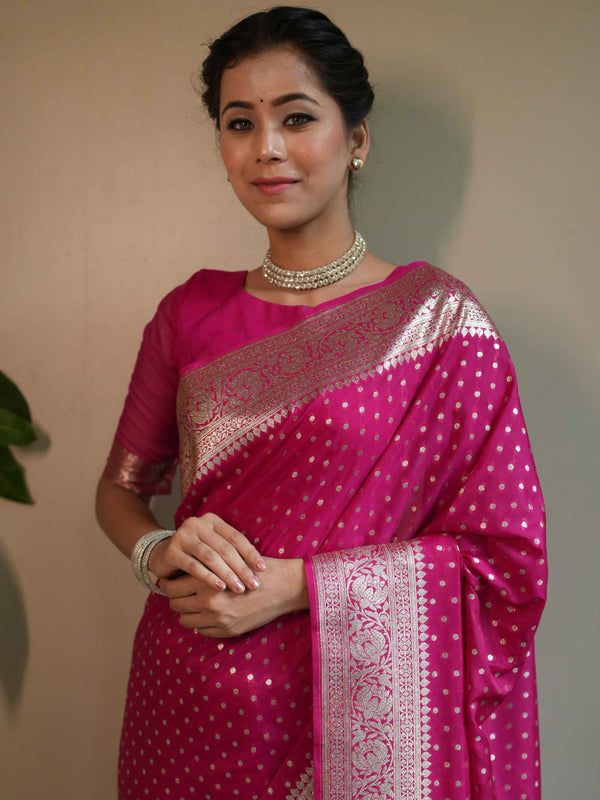 Banarasee Handwoven Faux Georgette Saree With Gold Zari Design-Pink