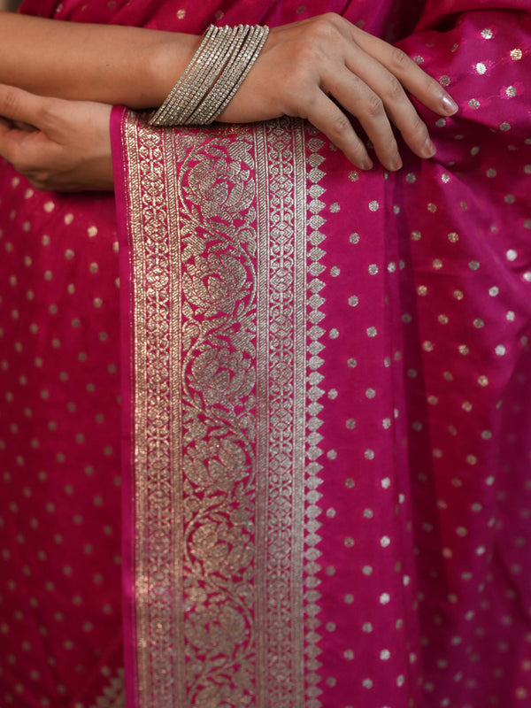 Banarasee Handwoven Faux Georgette Saree With Gold Zari Design-Pink