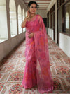 Banarasee Handwoven Organza Silk Hand-Painted & Embroidered Saree-Pink