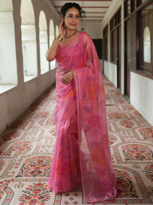 Banarasee Handwoven Organza Silk Hand-Painted & Embroidered Saree-Pink