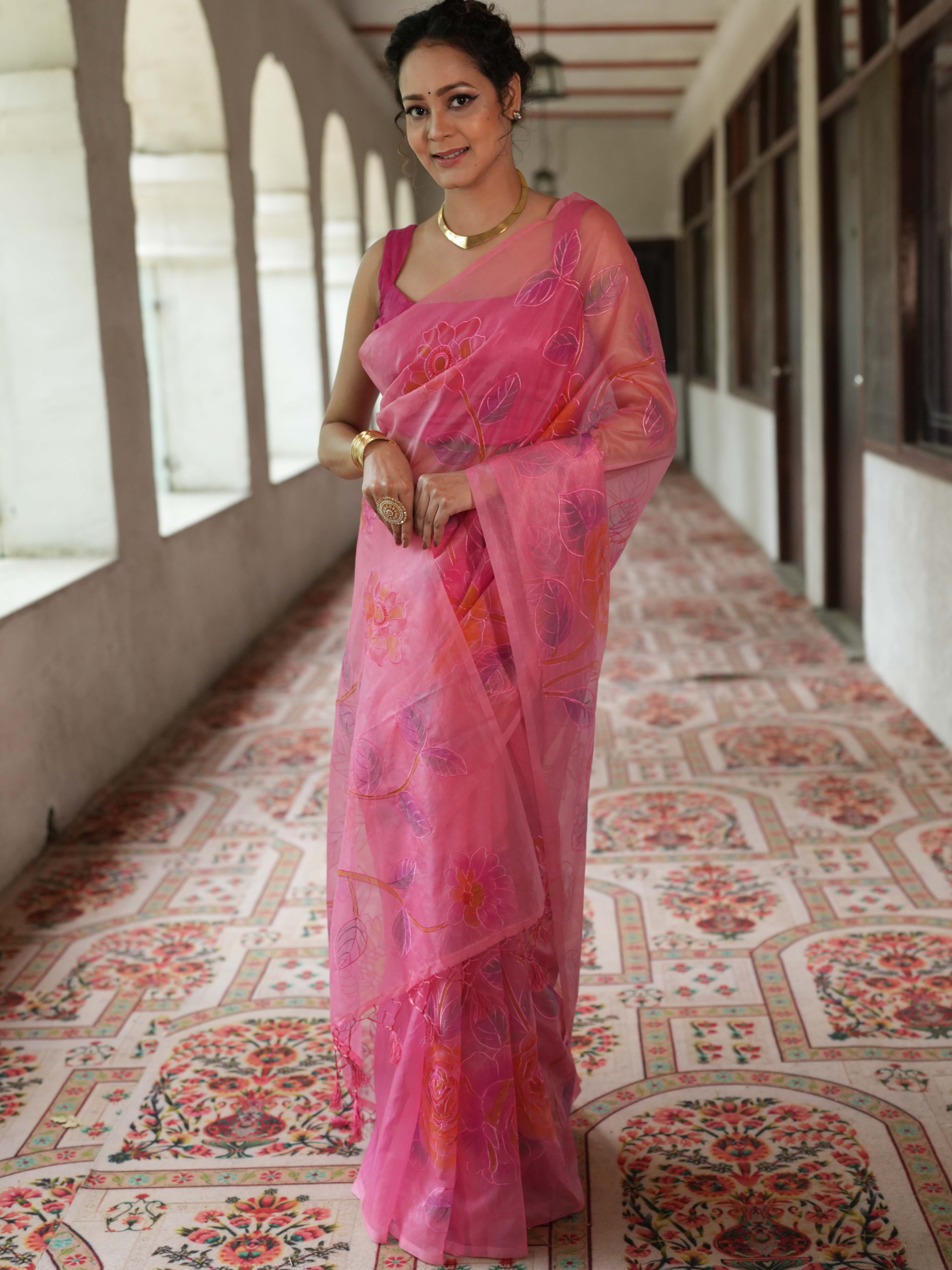 Banarasee Handwoven Organza Silk Hand-Painted & Embroidered Saree-Pink