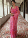 Banarasee Handwoven Organza Silk Hand-Painted & Embroidered Saree-Pink