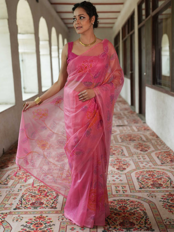 Banarasee Handwoven Organza Silk Hand-Painted & Embroidered Saree-Pink