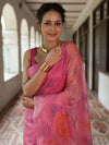 Banarasee Handwoven Organza Silk Hand-Painted & Embroidered Saree-Pink
