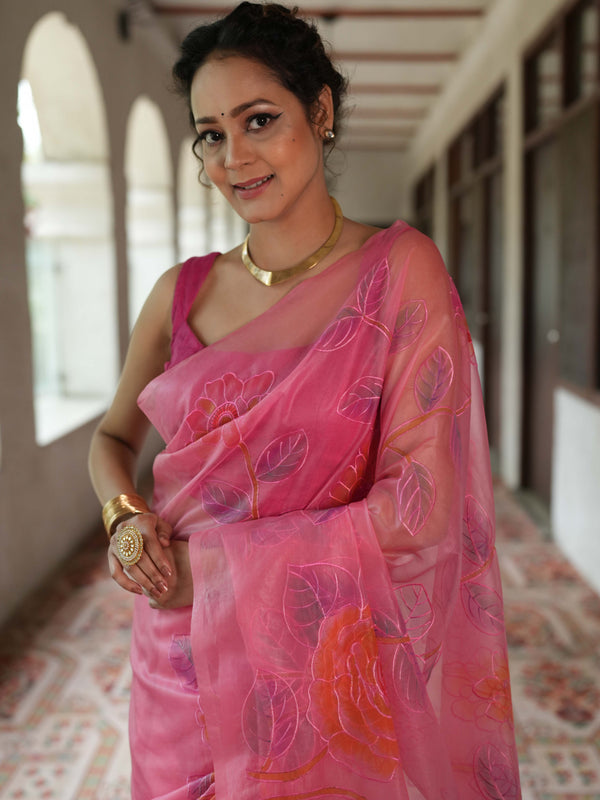 Banarasee Handwoven Organza Silk Hand-Painted & Embroidered Saree-Pink