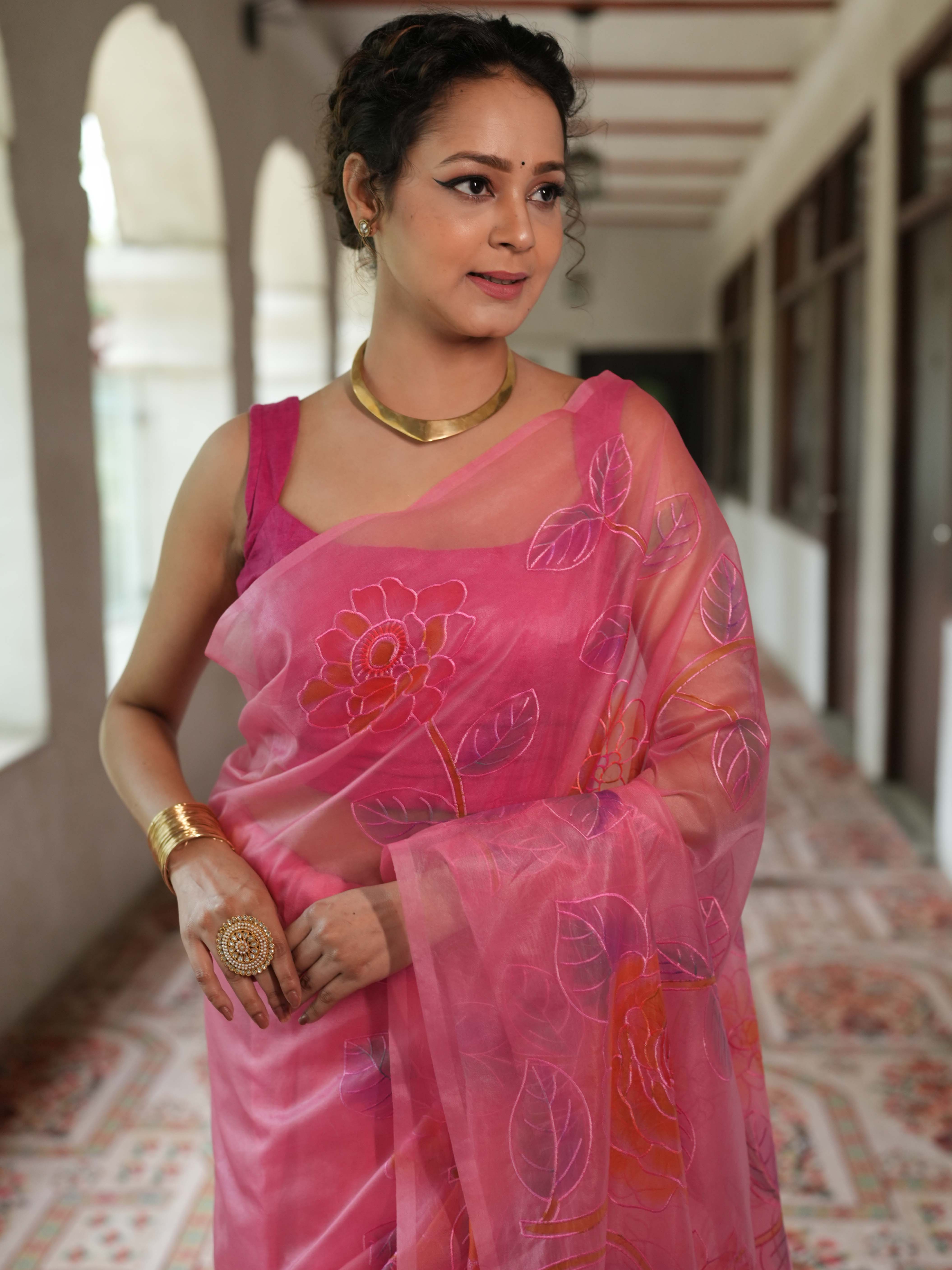 Banarasee Handwoven Organza Silk Hand-Painted & Embroidered Saree-Pink