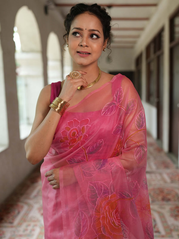Banarasee Handwoven Organza Silk Hand-Painted & Embroidered Saree-Pink