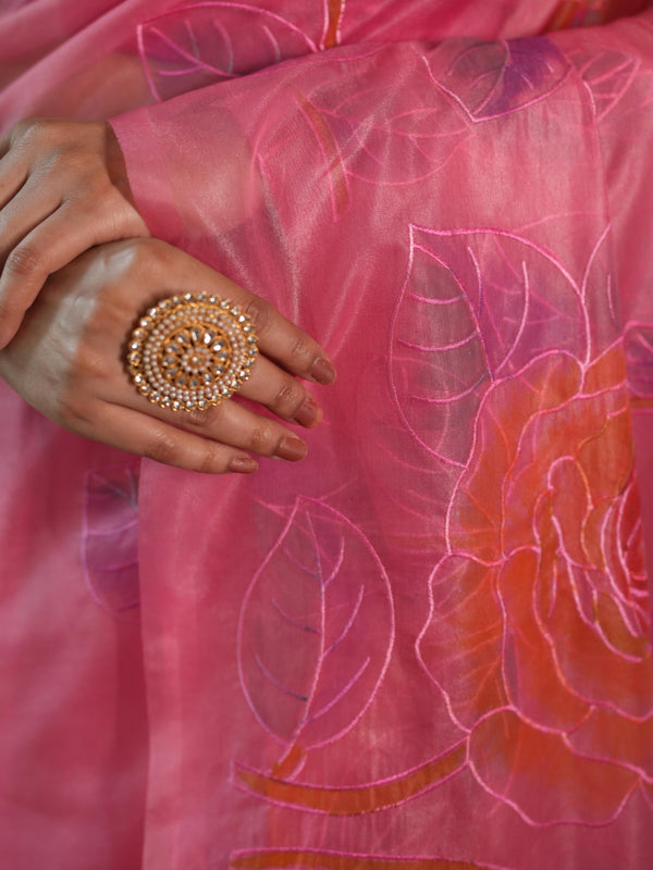 Banarasee Handwoven Organza Silk Hand-Painted & Embroidered Saree-Pink
