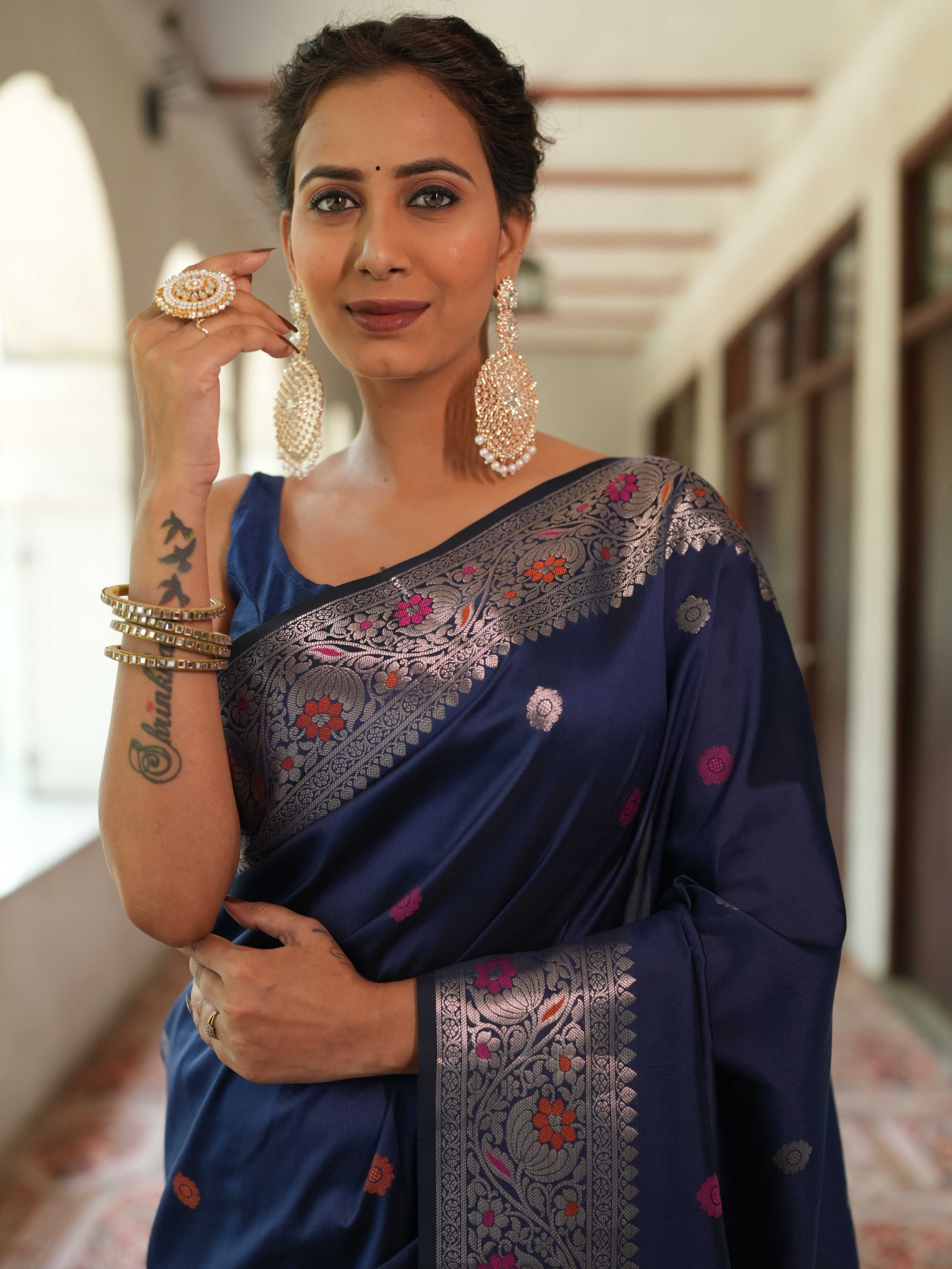 Banarasee Handwoven Semi Silk Saree With Zari Buti Design-Deep Blue