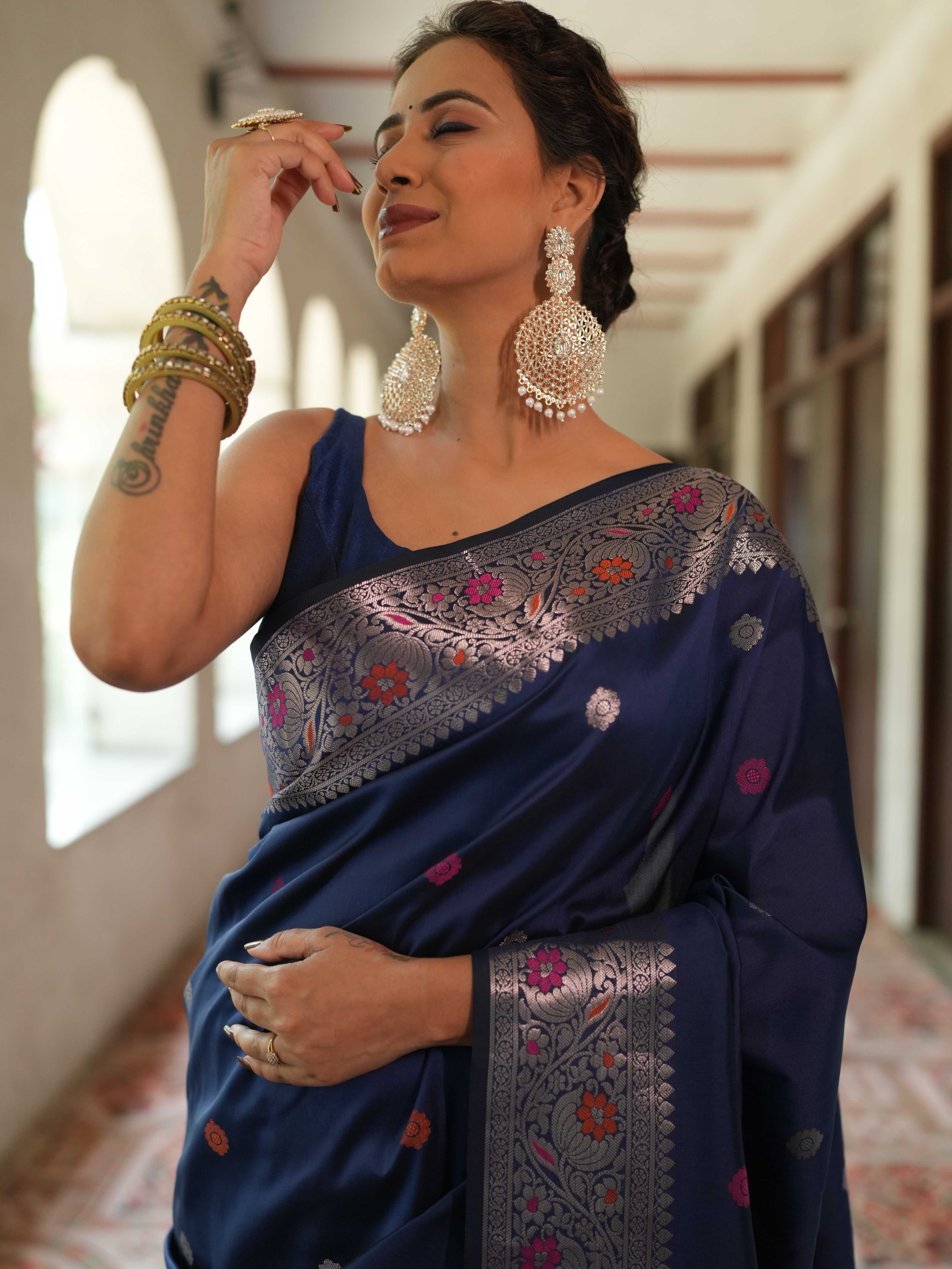 Banarasee Handwoven Semi Silk Saree With Zari Buti Design-Deep Blue