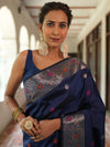 Banarasee Handwoven Semi Silk Saree With Zari Buti Design-Deep Blue