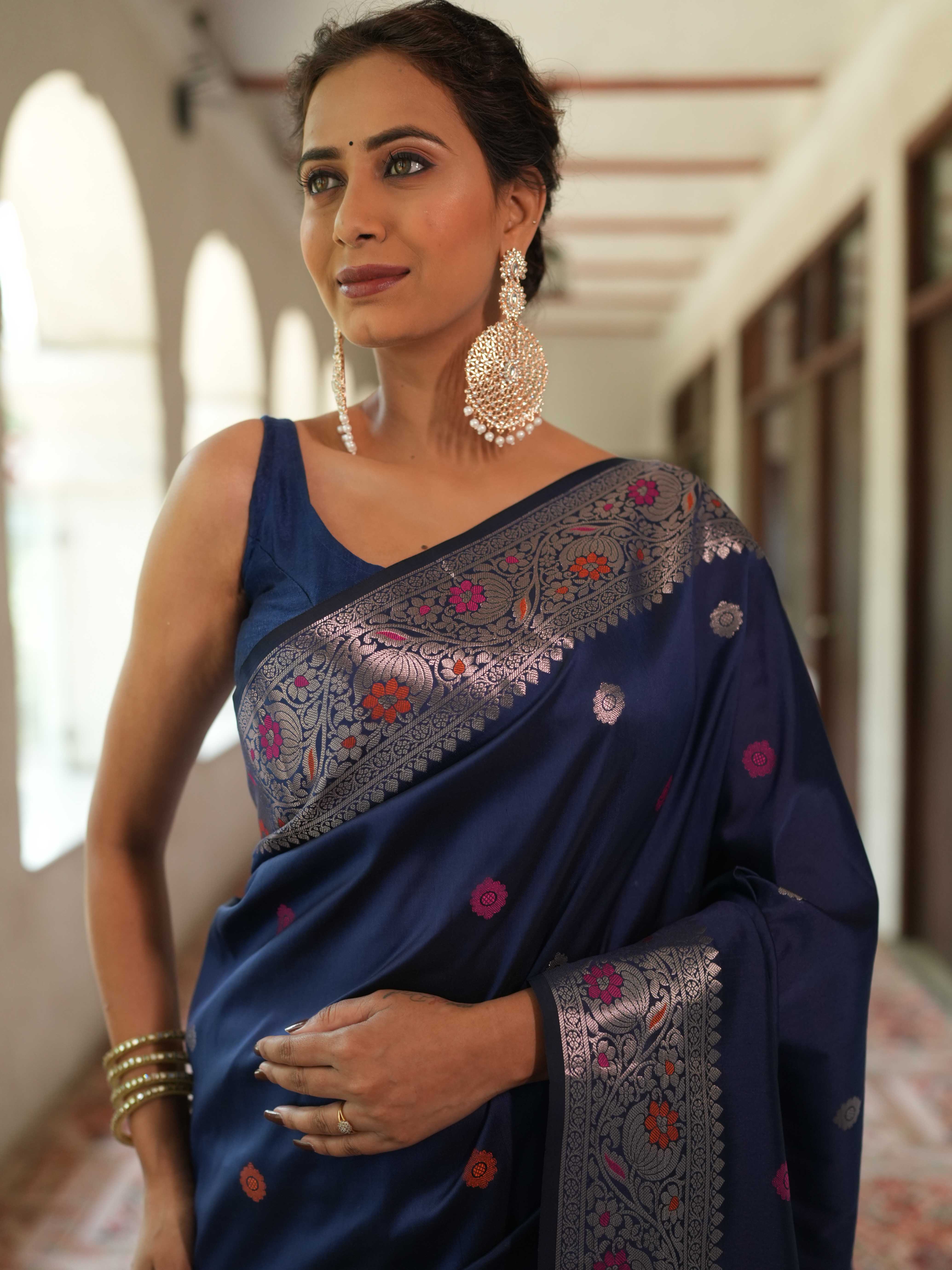 Banarasee Handwoven Semi Silk Saree With Zari Buti Design-Deep Blue