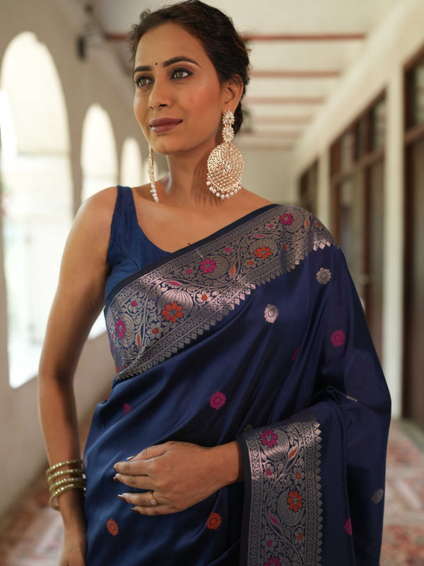 Banarasee Handwoven Semi Silk Saree With Zari Buti Design-Deep Blue