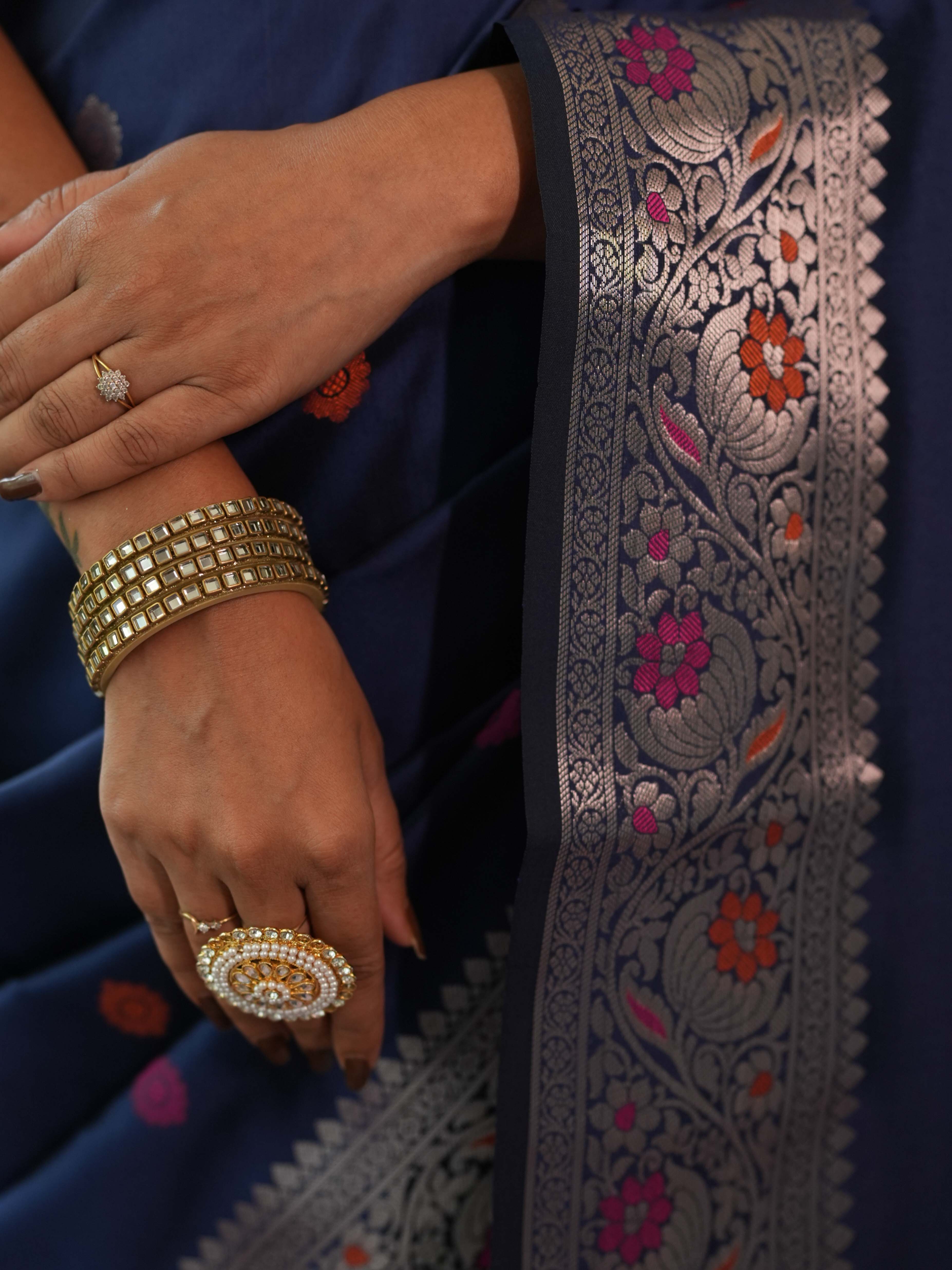 Banarasee Handwoven Semi Silk Saree With Zari Buti Design-Deep Blue