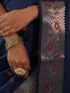 Banarasee Handwoven Semi Silk Saree With Zari Buti Design-Deep Blue