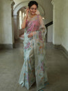Banarasee Handwoven Organza Silk Hand-Painted & Embroidered Saree-Grey