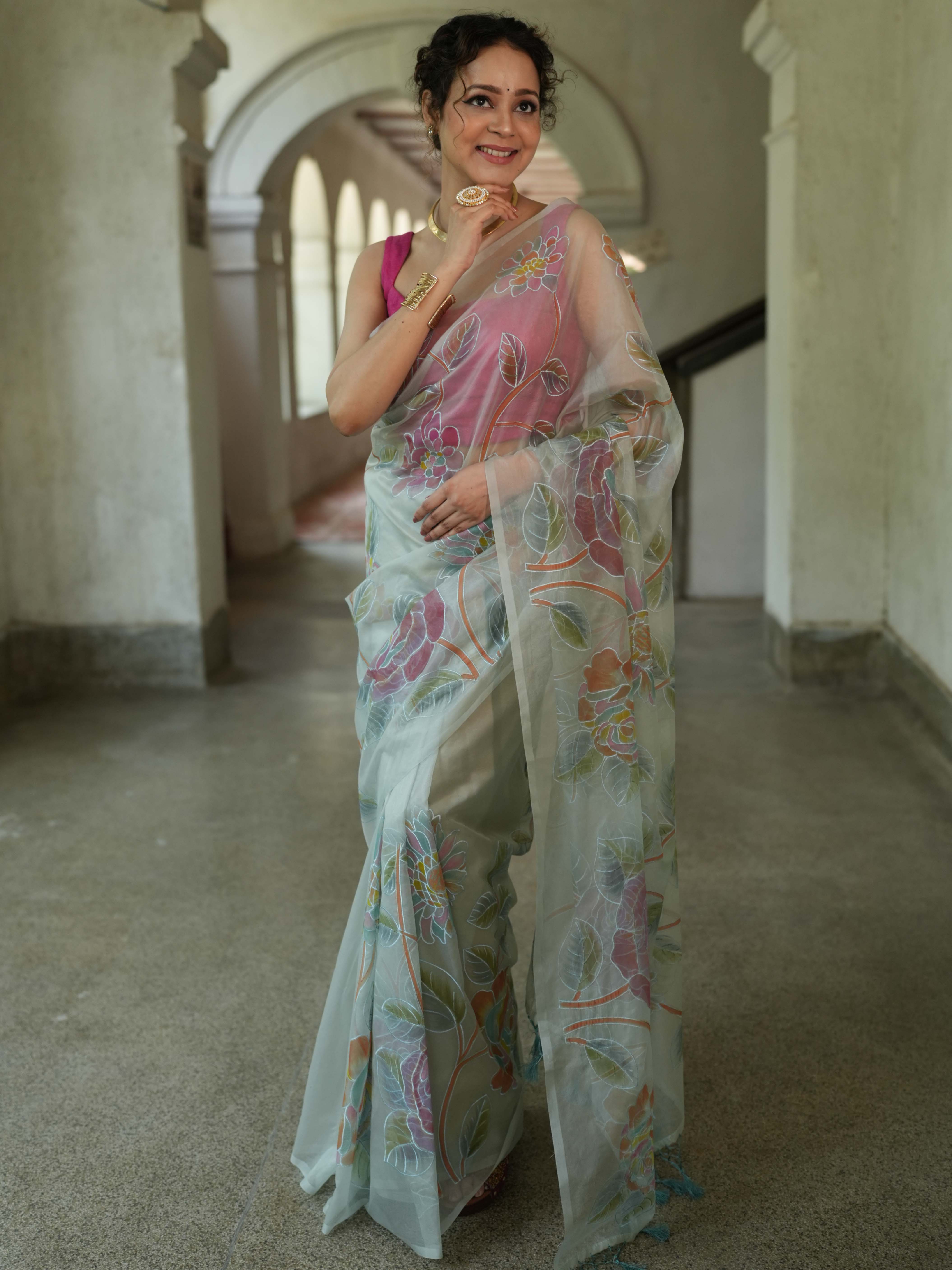 Banarasee Handwoven Organza Silk Hand-Painted & Embroidered Saree-Grey