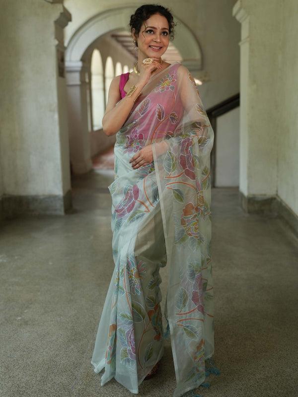 Banarasee Handwoven Organza Silk Hand-Painted & Embroidered Saree-Grey
