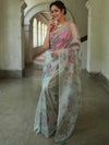 Banarasee Handwoven Organza Silk Hand-Painted & Embroidered Saree-Grey