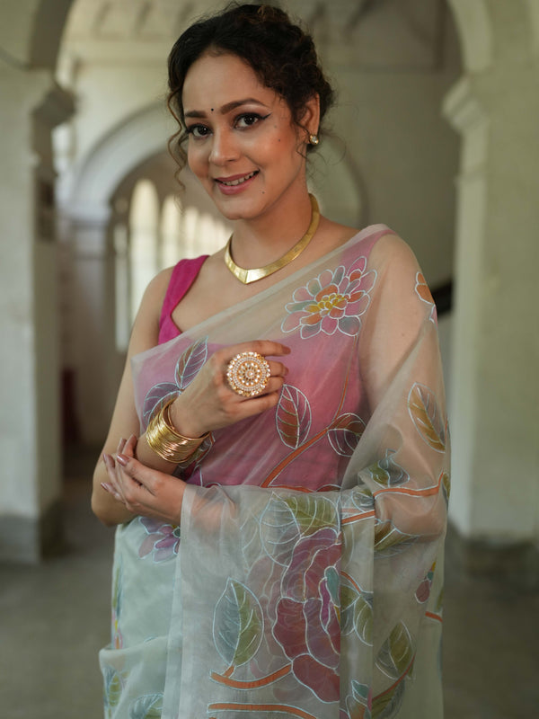 Banarasee Handwoven Organza Silk Hand-Painted & Embroidered Saree-Grey