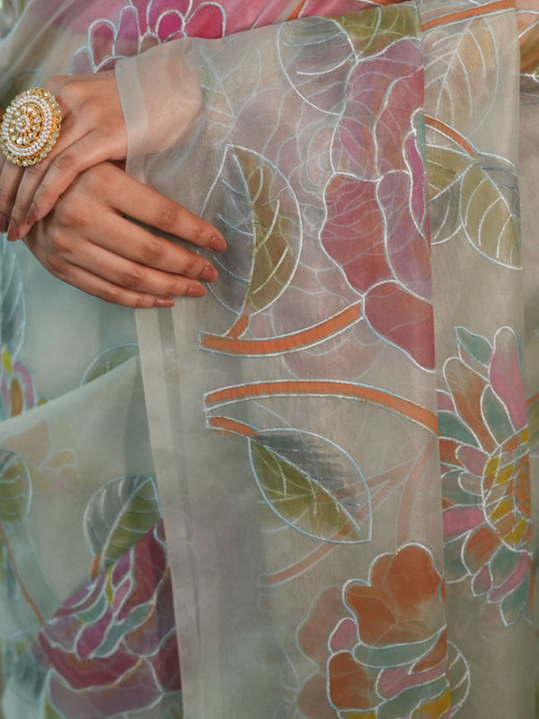 Banarasee Handwoven Organza Silk Hand-Painted & Embroidered Saree-Grey