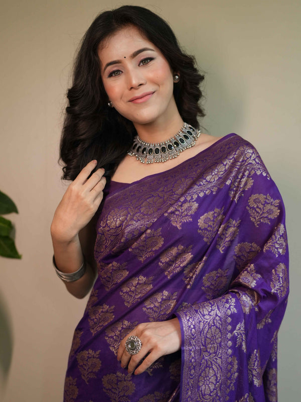 Banarasee Semi-Chiffon Saree With Antique Zari Work-Violet