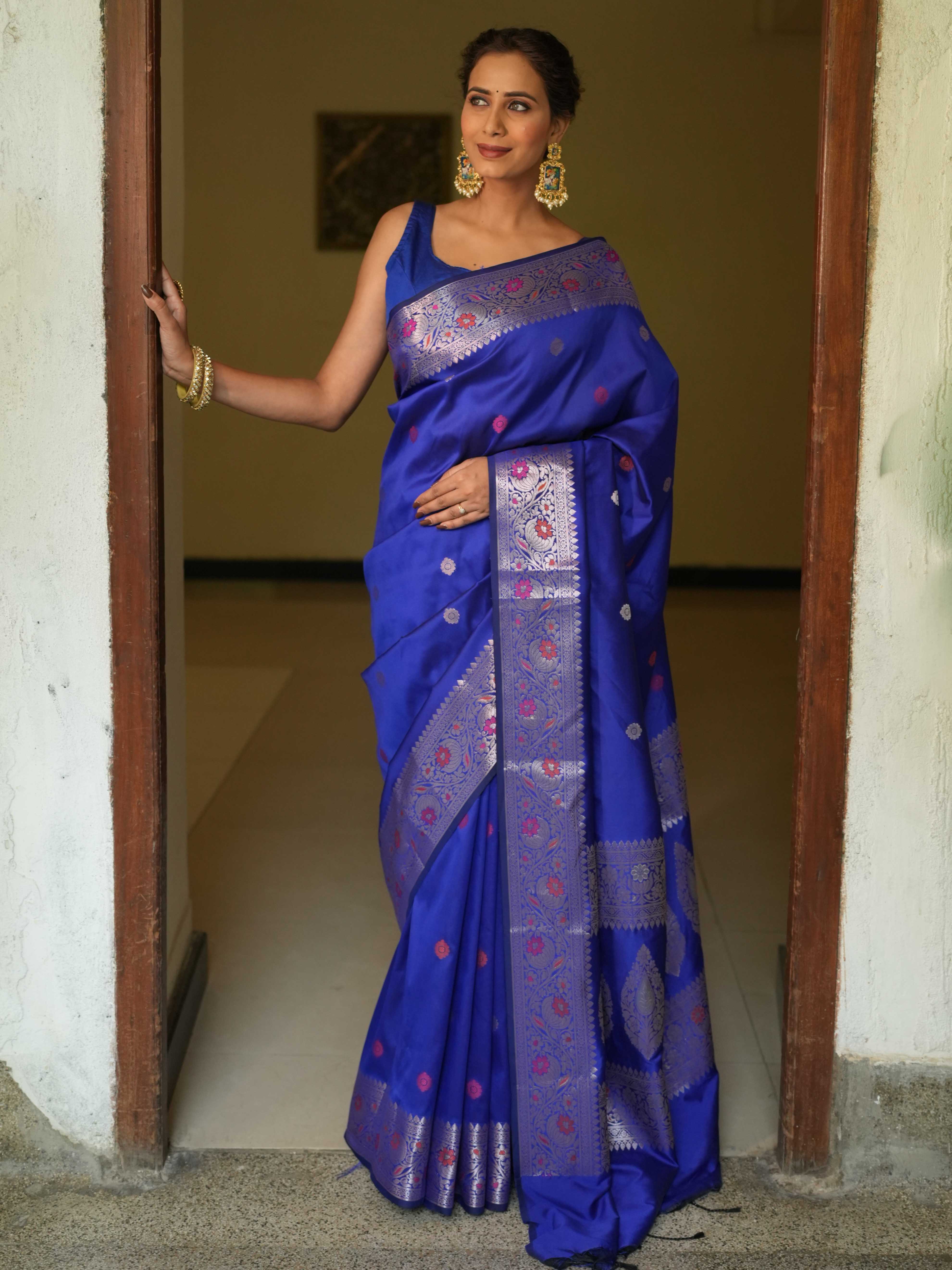 Banarasee Handwoven Semi Silk Saree With Zari Buti Design-Royal Blue