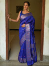 Banarasee Handwoven Semi Silk Saree With Zari Buti Design-Royal Blue
