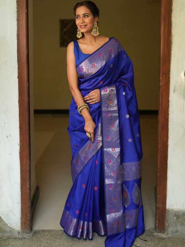 Banarasee Handwoven Semi Silk Saree With Zari Buti Design-Royal Blue