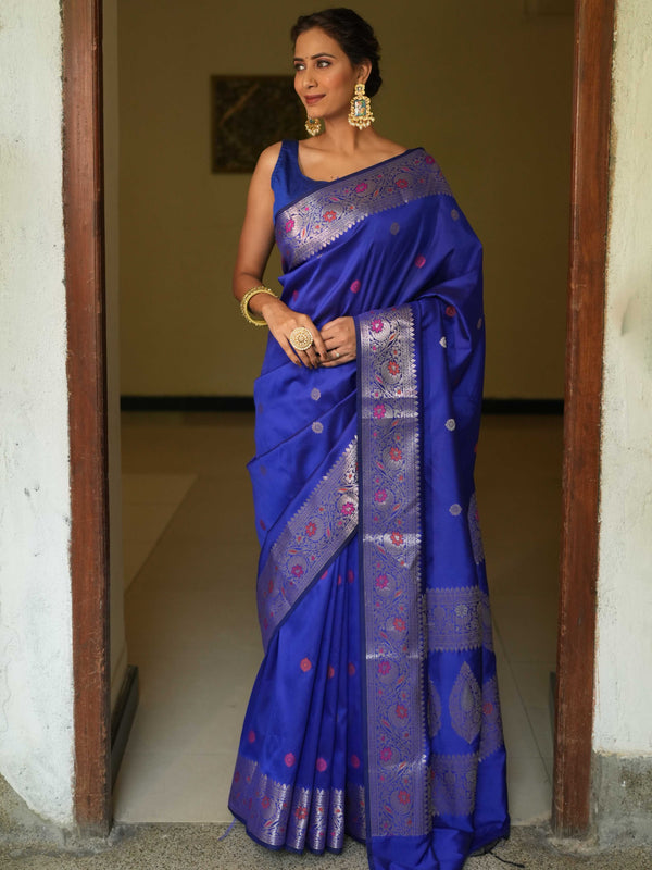 Banarasee Handwoven Semi Silk Saree With Zari Buti Design-Royal Blue