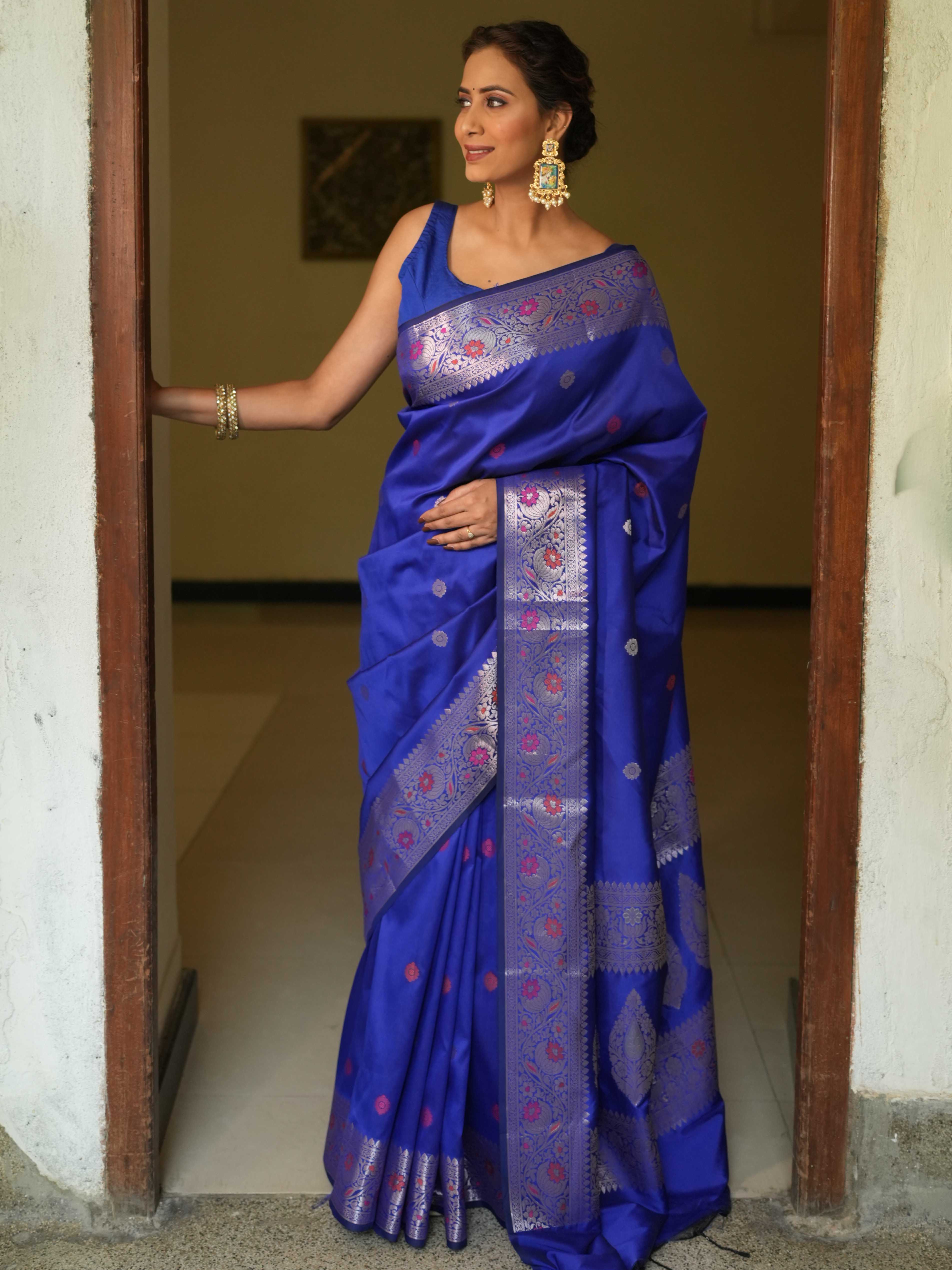 Banarasee Handwoven Semi Silk Saree With Zari Buti Design-Royal Blue
