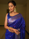 Banarasee Handwoven Semi Silk Saree With Zari Buti Design-Royal Blue