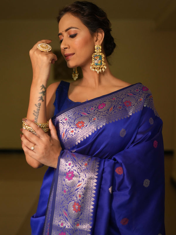 Banarasee Handwoven Semi Silk Saree With Zari Buti Design-Royal Blue