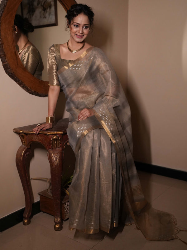 Banarasee Handwoven Shaded Tissue Saree With Gold Zari Border-Grey