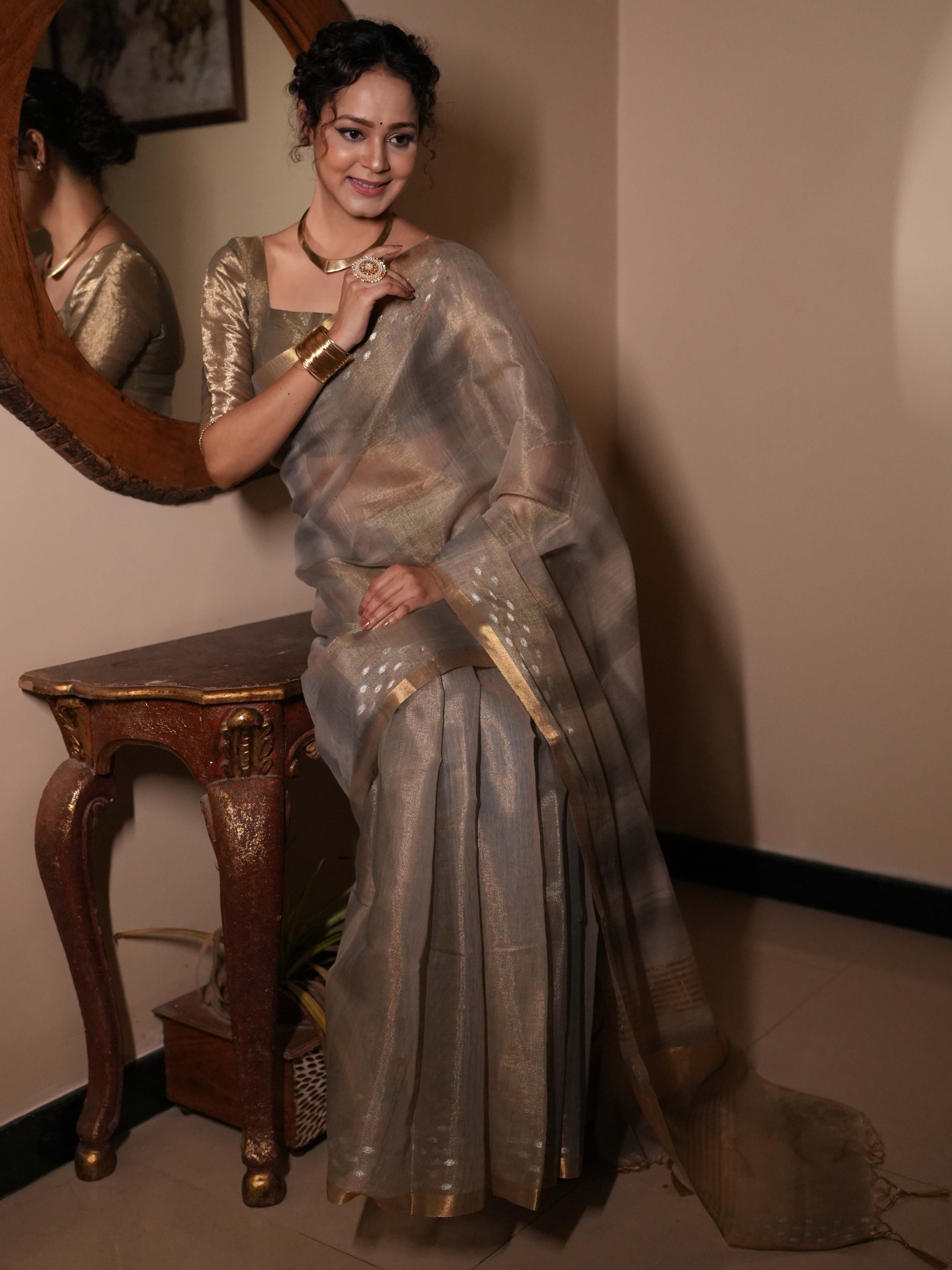 Banarasee Handwoven Shaded Tissue Saree With Gold Zari Border-Grey