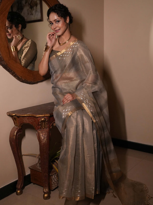 Banarasee Handwoven Shaded Tissue Saree With Gold Zari Border-Grey