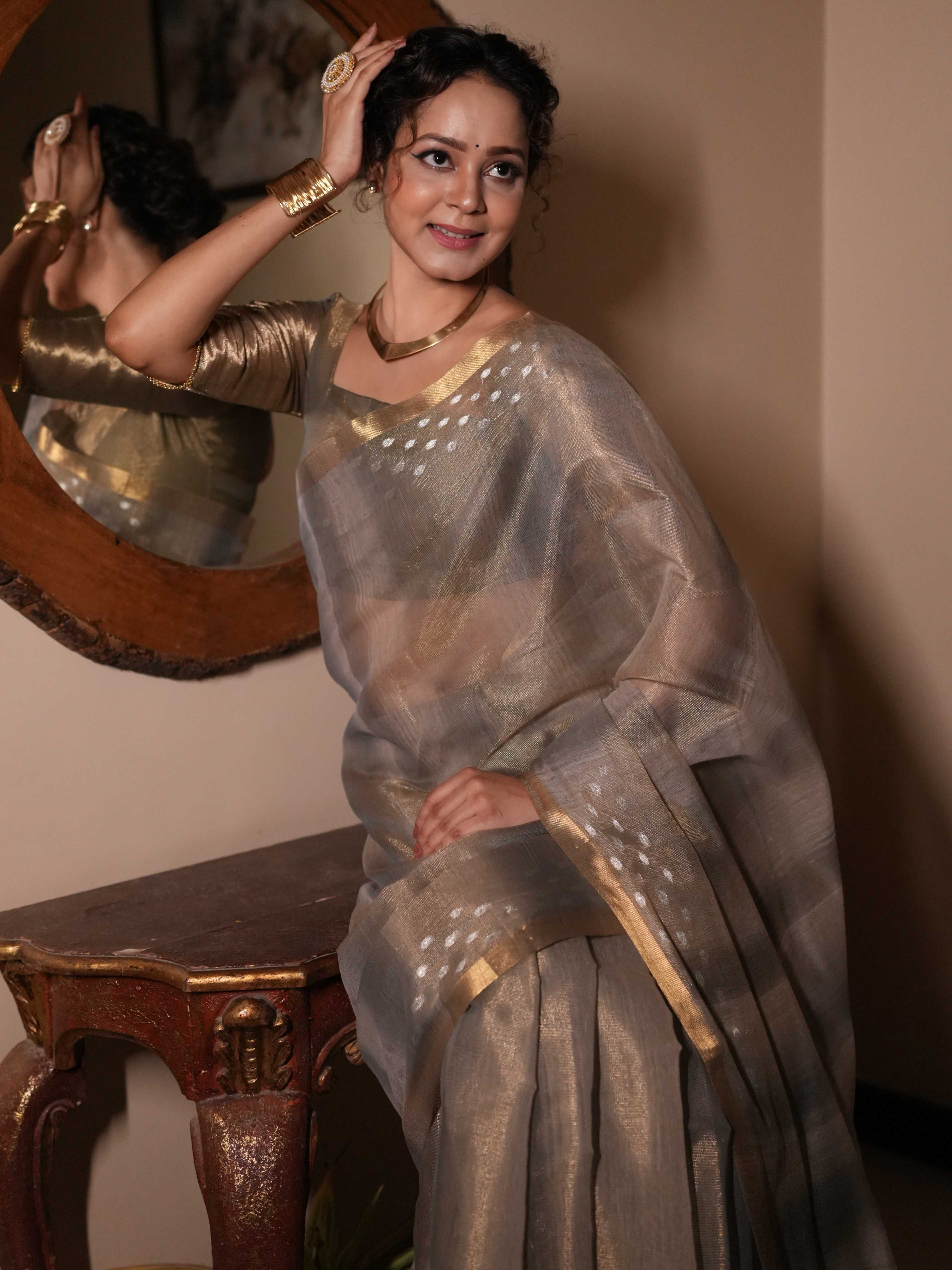 Banarasee Handwoven Shaded Tissue Saree With Gold Zari Border-Grey