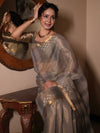 Banarasee Handwoven Shaded Tissue Saree With Gold Zari Border-Grey