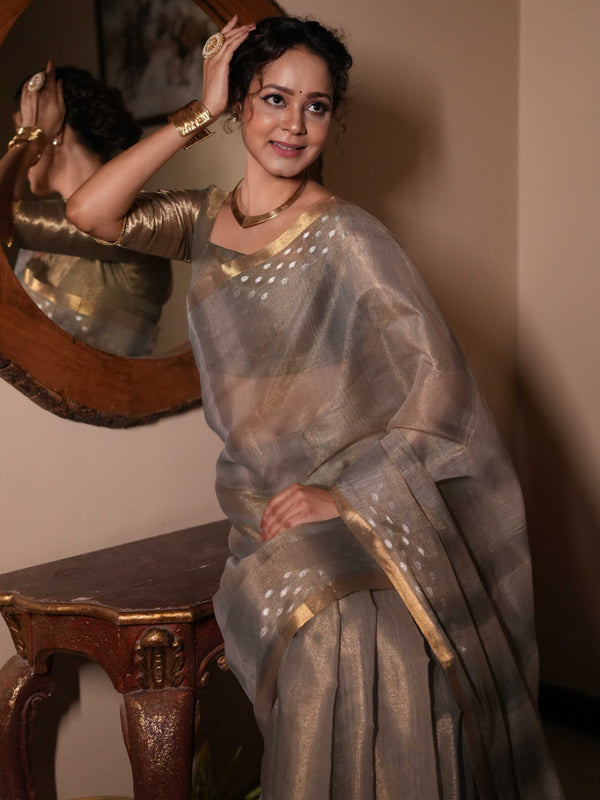 Banarasee Handwoven Shaded Tissue Saree With Gold Zari Border-Grey