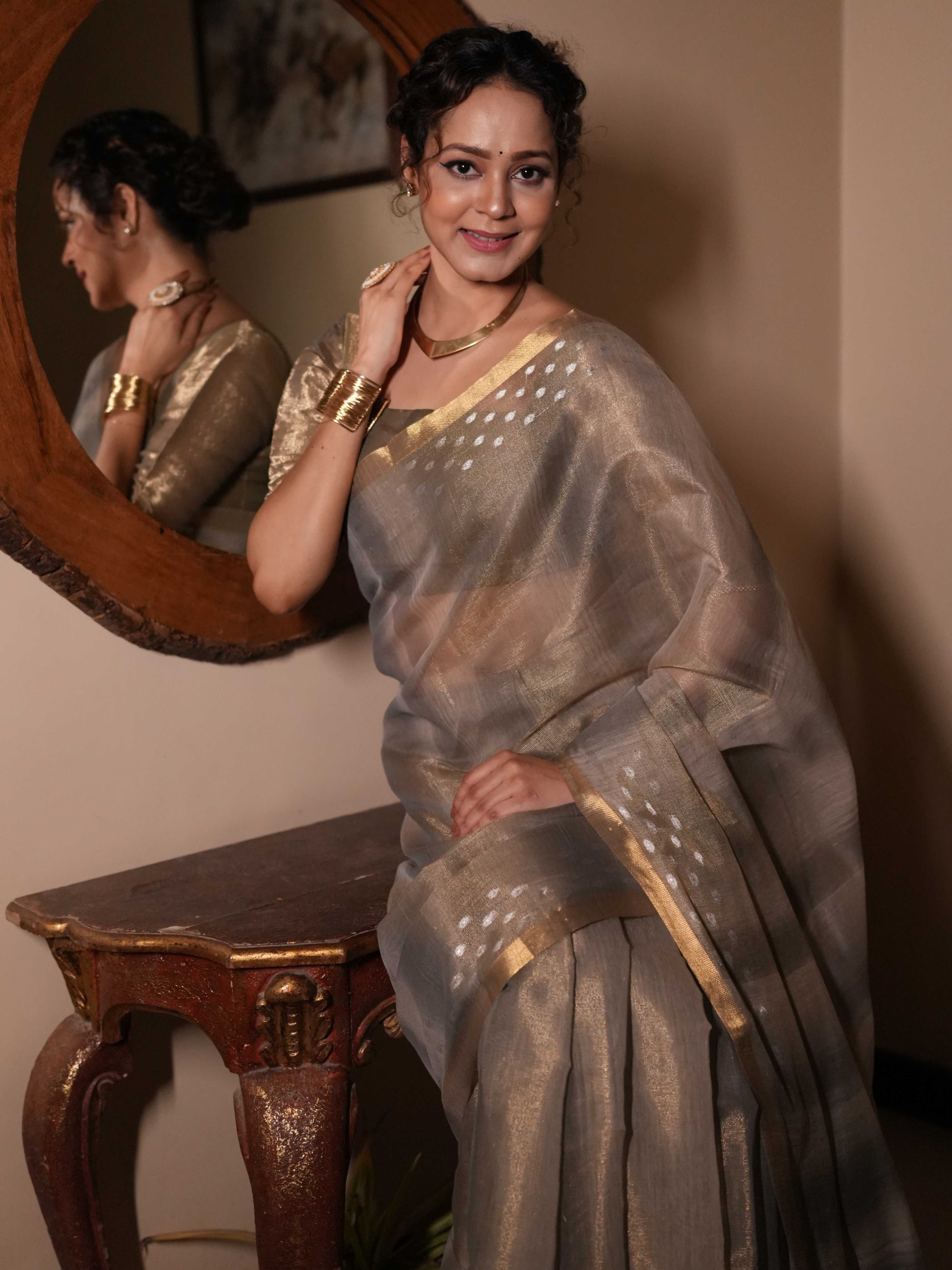 Banarasee Handwoven Shaded Tissue Saree With Gold Zari Border-Grey
