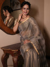 Banarasee Handwoven Shaded Tissue Saree With Gold Zari Border-Grey