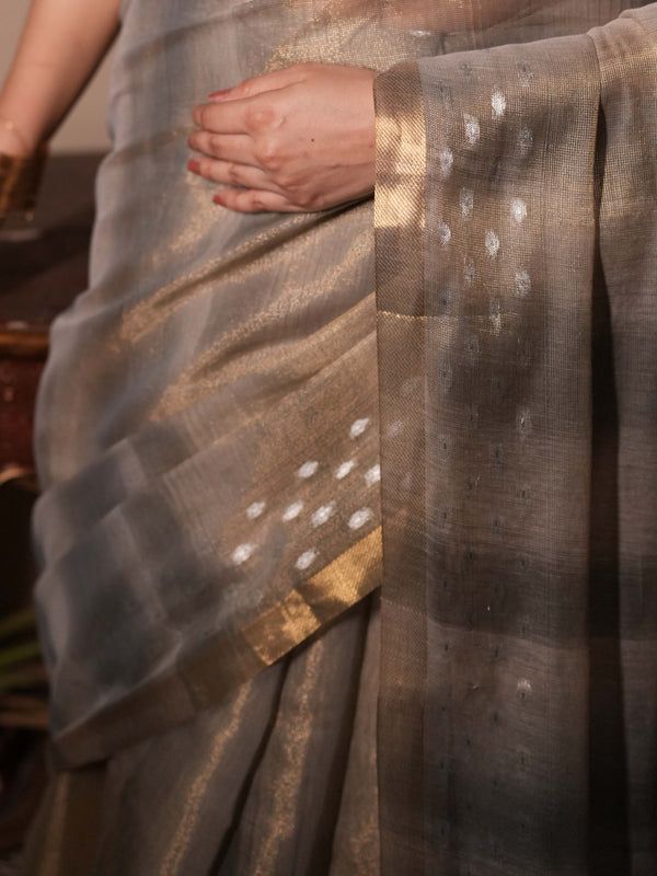 Banarasee Handwoven Shaded Tissue Saree With Gold Zari Border-Grey