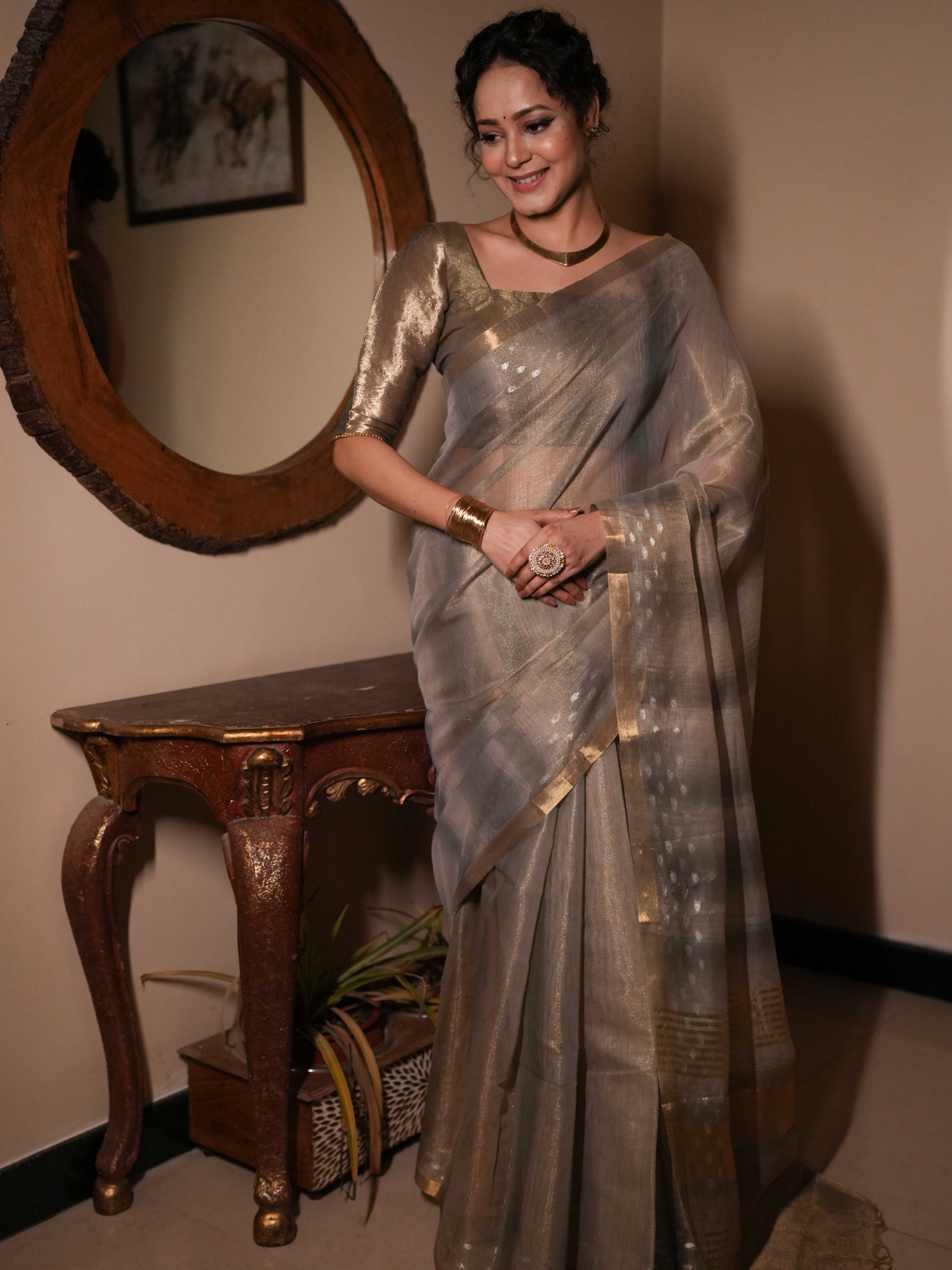 Banarasee Handwoven Shaded Tissue Saree With Gold Zari Border-Grey