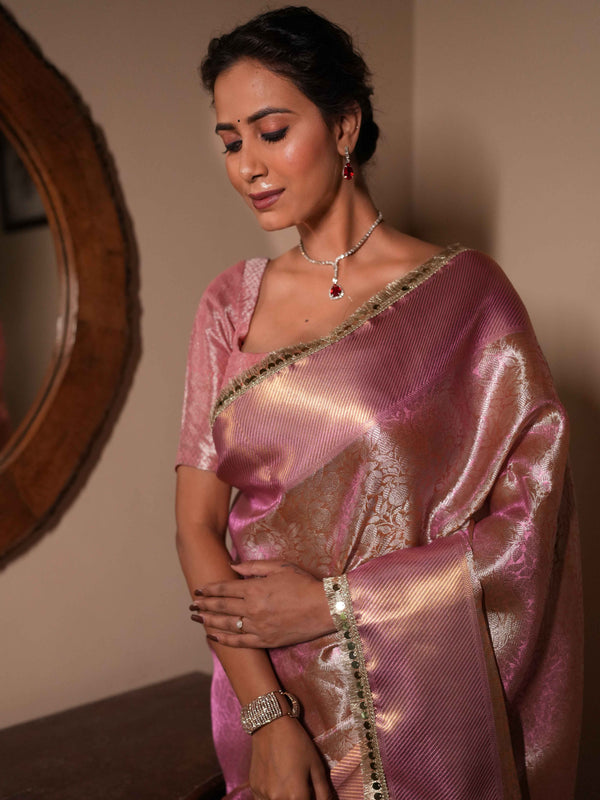 Banarasee Handwoven Tissue Saree With Zari Jaal Design & Border Lace-Pink (Dual Shade)