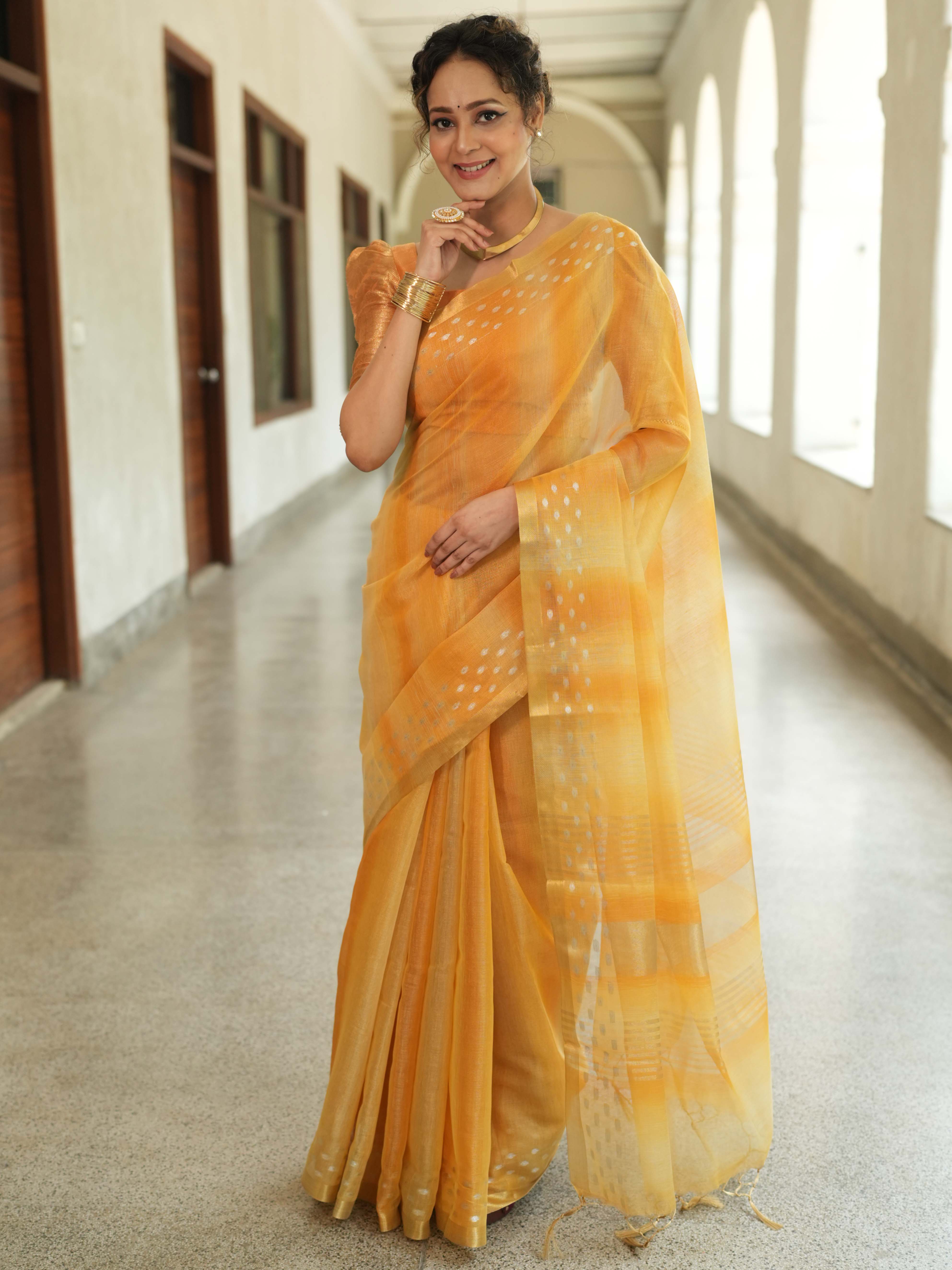 Banarasee Handwoven Shaded Tissue Saree With Gold Zari Border-Mustard Yellow