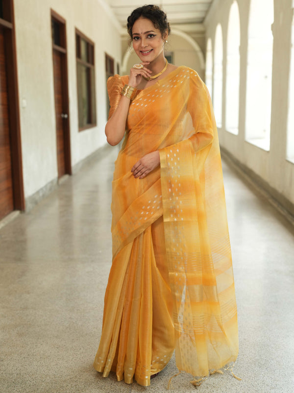 Banarasee Handwoven Shaded Tissue Saree With Gold Zari Border-Mustard Yellow