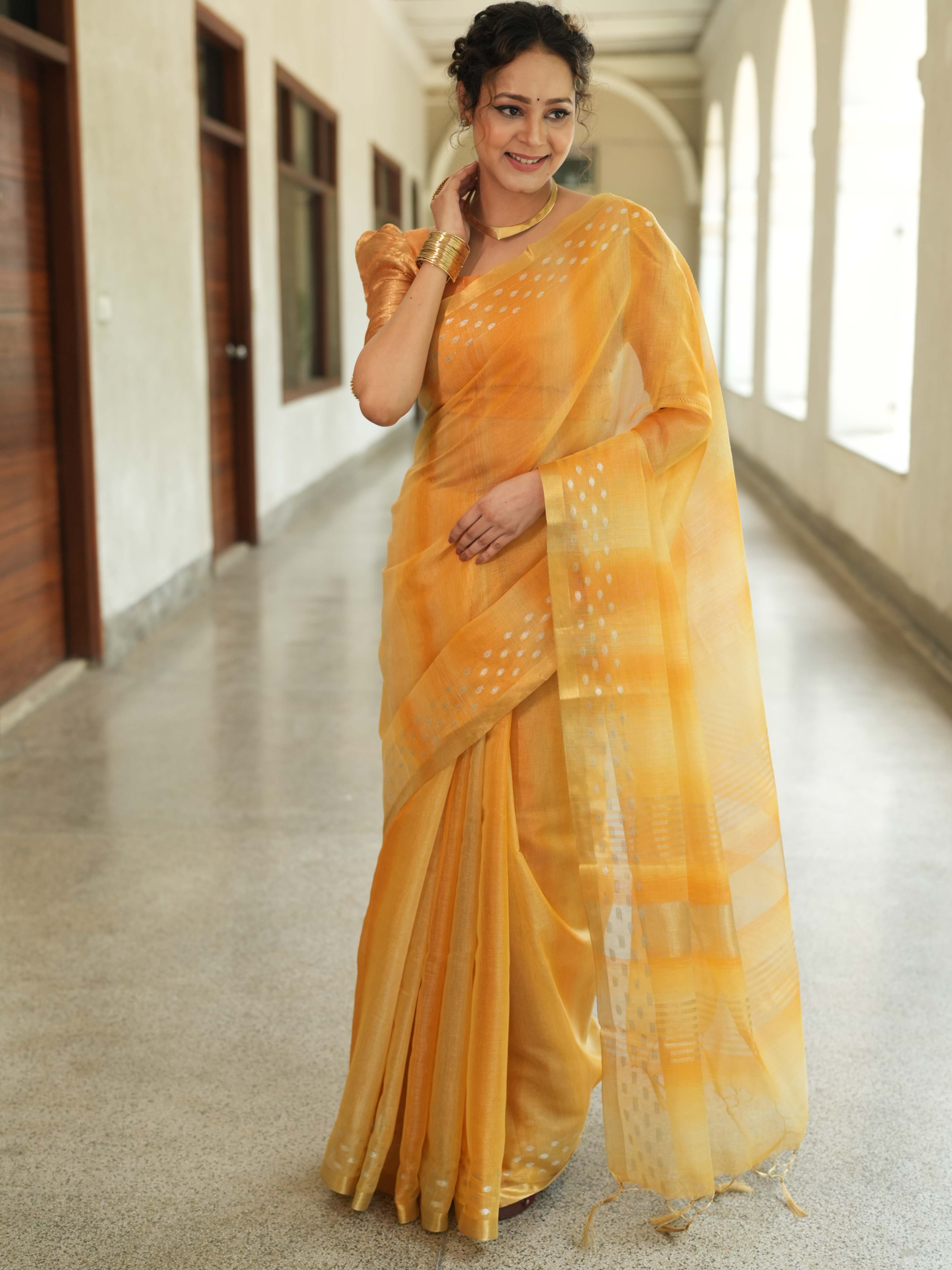 Banarasee Handwoven Shaded Tissue Saree With Gold Zari Border-Mustard Yellow