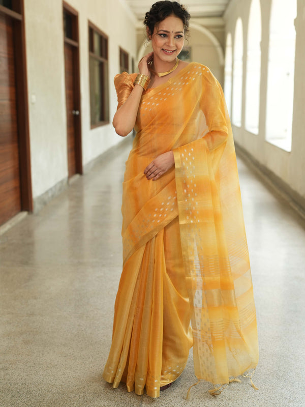 Banarasee Handwoven Shaded Tissue Saree With Gold Zari Border-Mustard Yellow